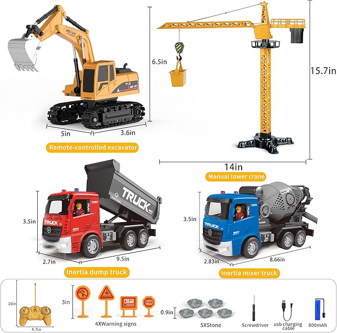 Remote-Control-Excavator and Dump-Truck - Kids-Play- Construction-Engineering-Vehicles Toy Set with Crane Mixer,Realistic Lights and Sounds,Christmas Birthday Gifts for Boys Girls Ages 3-12+
