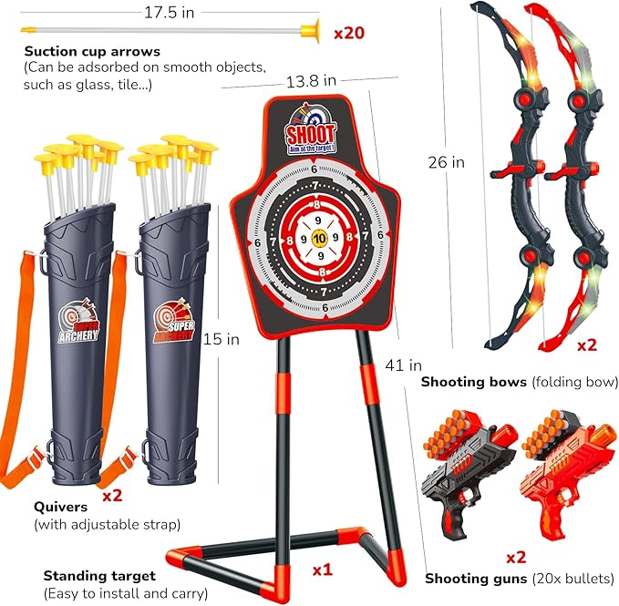 GMAOPHY Bow and Arrow for 5 6 7 8 9 10 11+ Year Old Boys, Birthday Gift for Kids, Indoor Outdoor Activity Toys, 2 Pack LED Light Up Archery Toy with 20 Suction Cup Arrows, Standing Target, 2 Quiver
