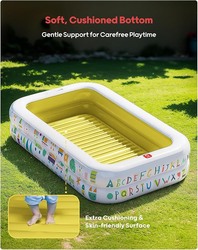 QPAU Kiddie Pool – 65" x 39" Inflatable Pool for Kids & Toddlers, Ball Pit & Baby Pool with Soft Floor, Educational Alphabet & Number, Durable Outdoor Play Toys for Backyard & Indoor Fun (Yellow)