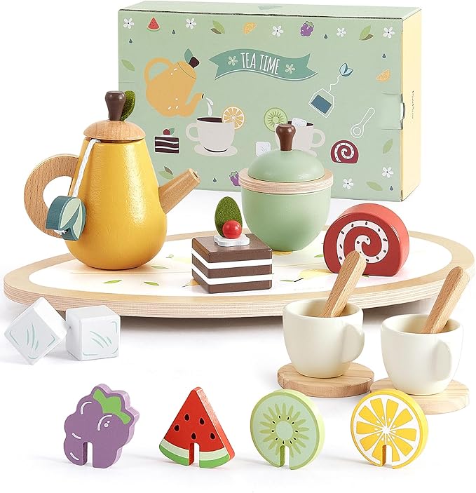PairPear Wooden Toys Tea Party Set, Toddler Tea Set for Little Girls, Kids Pretend Play Kitchen Accessories, Wooden Play Food Toys Gift for Girls Boys 3 Y+