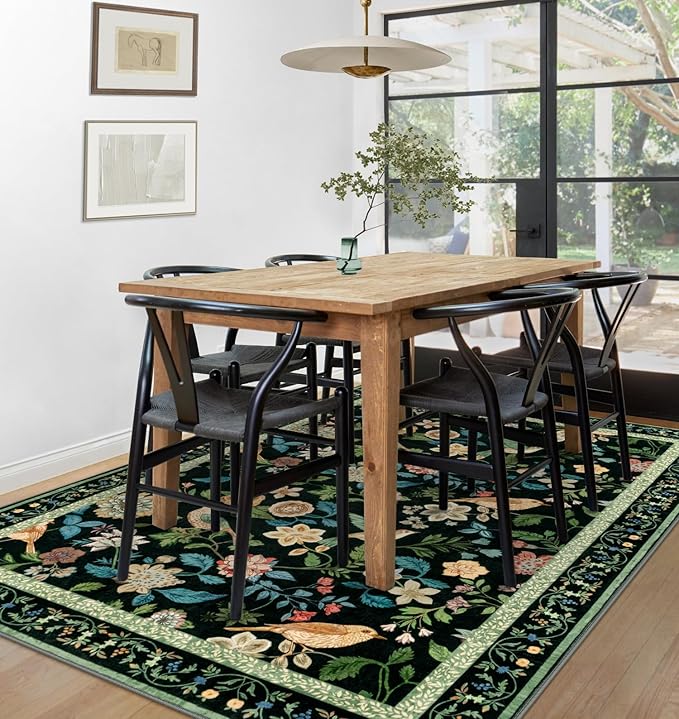 Floral Washable 5x7 Area Rug, Boho Birds Black/Green Rugs for Living Room Soft Non-Slip Vintage Flower Bedroom Rug, Low Pile Botanical Indoor Carpet for Nursery Playroom Dining Room