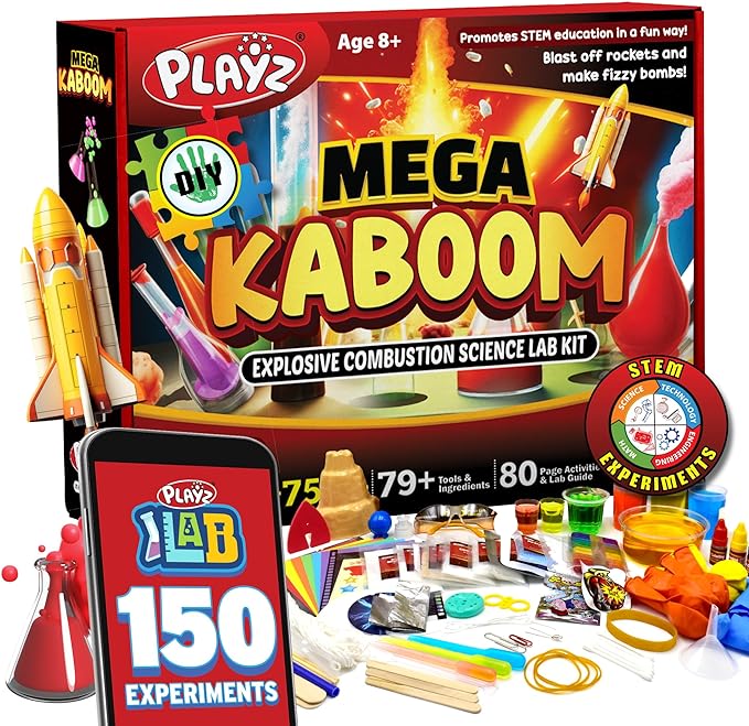 Playz Mega Kaboom! 150+ Explosive Science Experiments Kit for Kids Age 8-12 with 75 App & Video Guided Experiments - Chemistry Set STEM & Educational Toys & Gifts for Boys, Girls, Teenagers & Kids