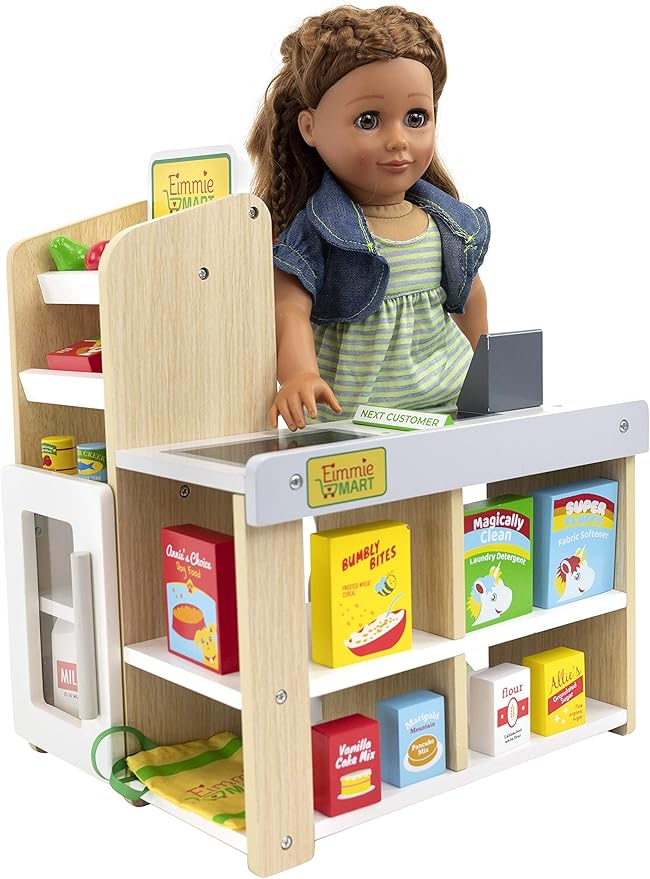 Playtime by Eimmie 18 Inch Doll Furniture Grocery Store Set - Wooden Playset with 25+ Accessories, Fits American, Generation, My Life & Similar 14”-18” Dolls
