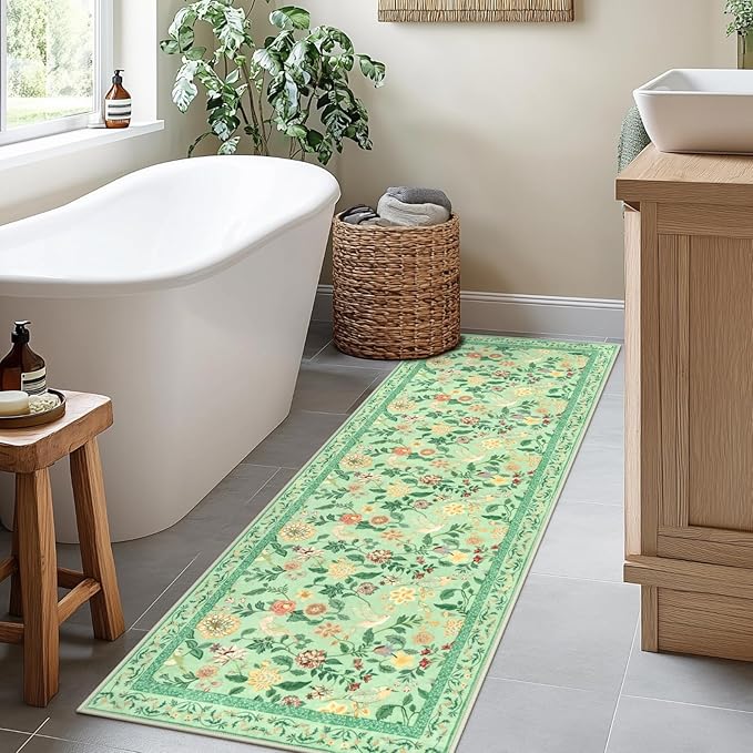 Floral Washable Runner Rug, 2x6 Green Rug Runners for Hallways Non-Slip, Soft Low Pile Flower Birds Long Bathroom Mat Botanical Throw Carpet for Kitchen Laundry Entryway Porch