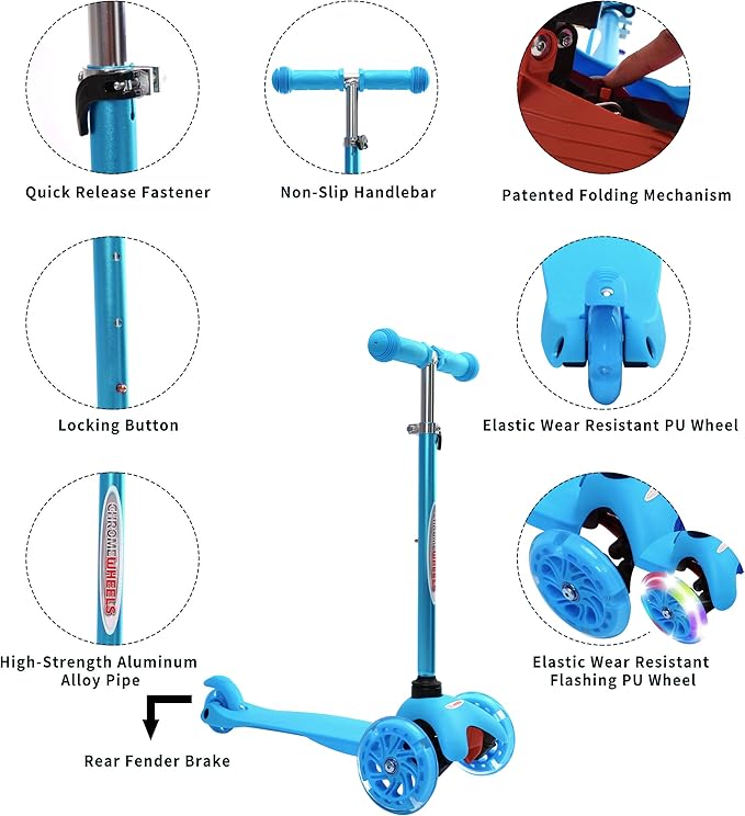 ChromeWheels Scooter for Kids, Deluxe 3 Wheel Scooter for Toddlers 4 Adjustable Height Glider with Kick Scooters, Lean to Steer with LED Flashing Light for Ages 3-6 Girls Boys