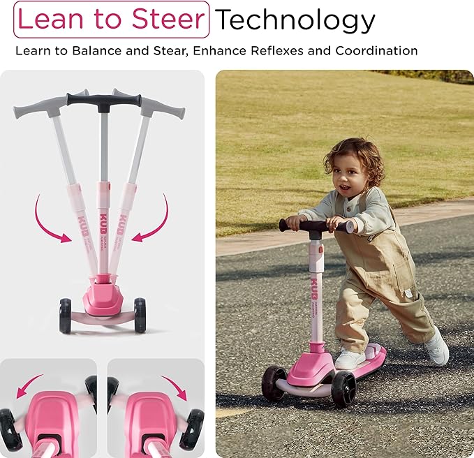Kids Scooter, 3 LED Lighted Wheels, Any Height Adjustable Handlebar & Lean-to-Steer, Anti-Slip Deck, Easy-Fold Mechanism, Three-Wheel Scooter for Kids Ages 3-14
