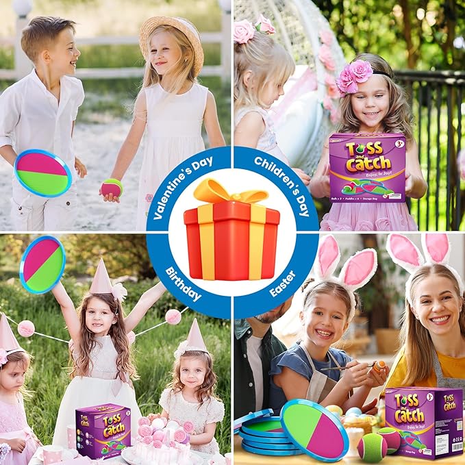 Aywewii Toss and Catch Ball Set Kids Games, Beach Outdoor Toys for Kid with 6 Paddles and 3 Balls Kids Toys Outside Boys Game Age 3-12 Easter Basket Stuffers Birthday Gift