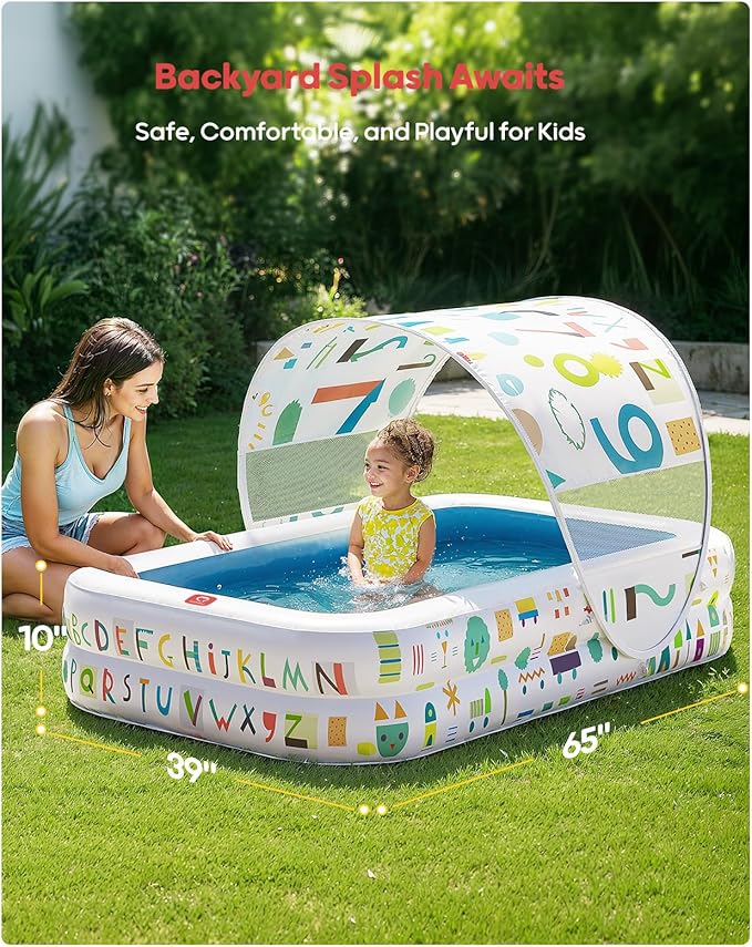 QPAU Kiddie Pool – 65" x 39" Inflatable Pool for Kids & Toddlers, Ball Pit & Baby Pool with Soft Cushioned Floor, Canopy for Sun Protection, Durable Outdoor Play Toys for Backyard & Indoor (Blue)