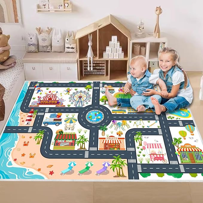 Kids Carpet Playmat Car Rug, Car Rug for Kids Toy Cars and Train, Non Slip Play Mat for Playroom Kids Room, City Life Educational Road Traffic Carpet for Classroom Nursery(White,31×47in)