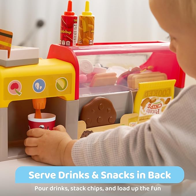 Pretend and Play Food Toy for Kids Toddlers, Play Kitchen Accessories Include Sandwich Maker Toy with Slicer for Ham, Menu and Ingredients, Play Restaurant Food Toy for Girls Birthday Gift