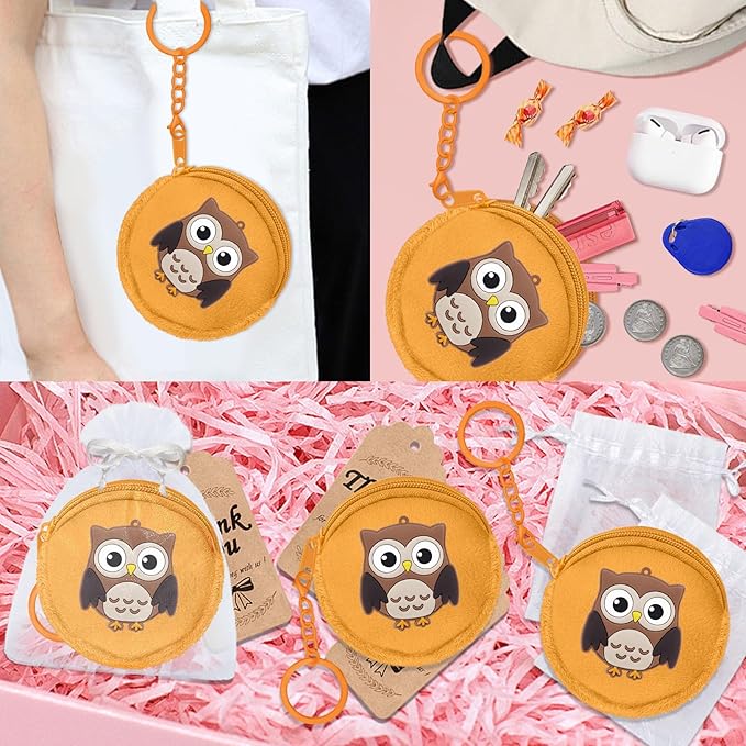 36 Pack Owl Change Purses Set Include 12 Wallets with Keyring,12 Thank You Tags and 12 Organza Bags for Woodland Forest Animals Party,Thanksgiving,Baby Shower,Birthday Party, Khaki
