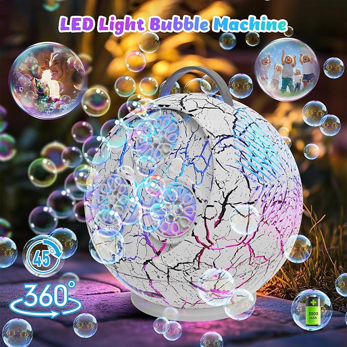 Bubble Machine for Kids Toddlers,45°/360° Automatic Rotation Spherical Bubble Maker Toy with RGB Light,Rechargeable Type-C Charge Bubble Blower,Outdoor Wedding Party Birthday Gifts (White Crack)