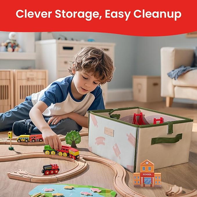 Tiny Land 110pcs Wooden Train Set with Folding Storage Box, Wooden Train Track Toy for Boys & Girls, Age 3-7, Includes Convenient Storage