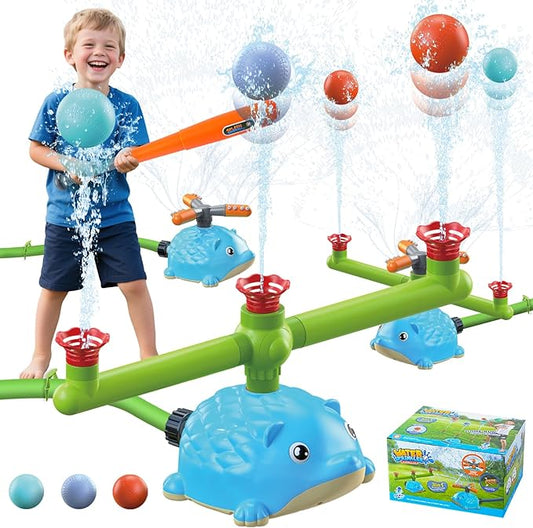 Hedgehog 3-in-1 Sprinkler Baseball Ball Toy Summer Water Toys Outdoor T-Ball Kids Play Sprinkler, Hedgehog Spinning Sprinkler with 3 Jets, 3 Baseballs, 1 Retractable Bat Summer Outdoor Game