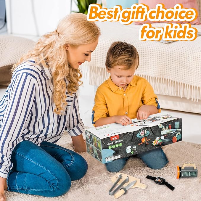 UMU Kids Camping Toys Set, Pretend Play with Campfire, Wooden Camping Playset Cutting Food for Play Kitchen Camping Gear for Kitchen Indoor Outdoor Camping Toys for Kids Toddlers Boys Age 3 4 5 6 7 8+