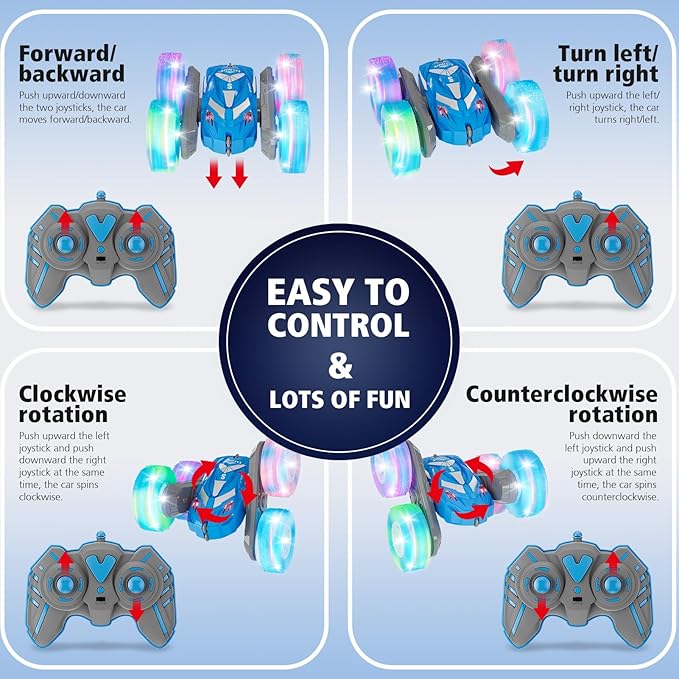 Remote Control Car for Boys 3-12 with Flashing Light, 6 7 8 9 Years Old Boy Toys, RC Cars Stunt 4WD Double Sided 360 Flip, Boy Gift Idea for Kids Birthday Present Christmas Indoor Outdoor Blue