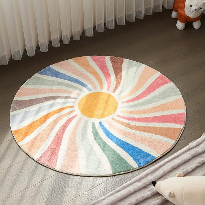 Topotdor Sun Rainbow Round Rug,Colorful Boho Kids Rug Ultra Soft Washable Nursery Rug for Bedroom Perschool Classroom,63" Round