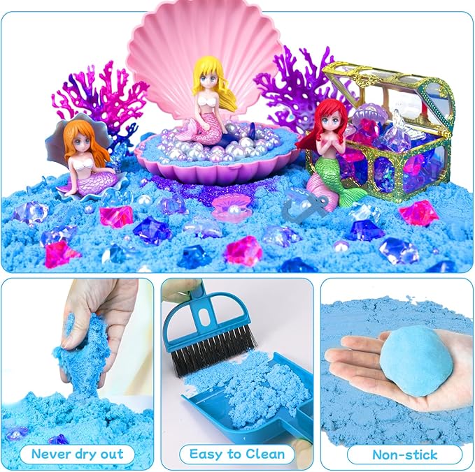 Mermaid Sensory Bin, Play Sand Art Kit with Sandbox & Accessories & Tools & Colorful Sea Shell Conch Starfish Gems Toys Set, Indoor Outdoor Pretend Play Beach Toy Birthday for Girls Boys 3 4 5 6 7 8
