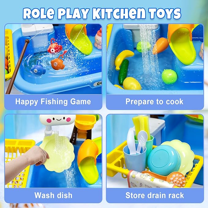 Play Sink with Running Water,Toddler Sink Toy with Automatic Water Cycle System,Sink Fishing Game Toy with Food Kitchen Accessories,Kids Role Play Dress Up Dishwasher Toys for Boys and Girls Present