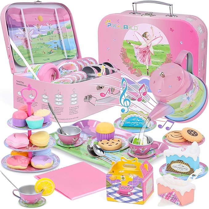 Tea Party Set for Toddles 3-5,53PCS Musical Kids Tea Set for Little Girls with Dessert,Cookies,Doughnut,Cake,Cake Stand,Tablecloth & Carrying Case,Kitchen Pretend Play Toys for Girls Boys Age 3-6