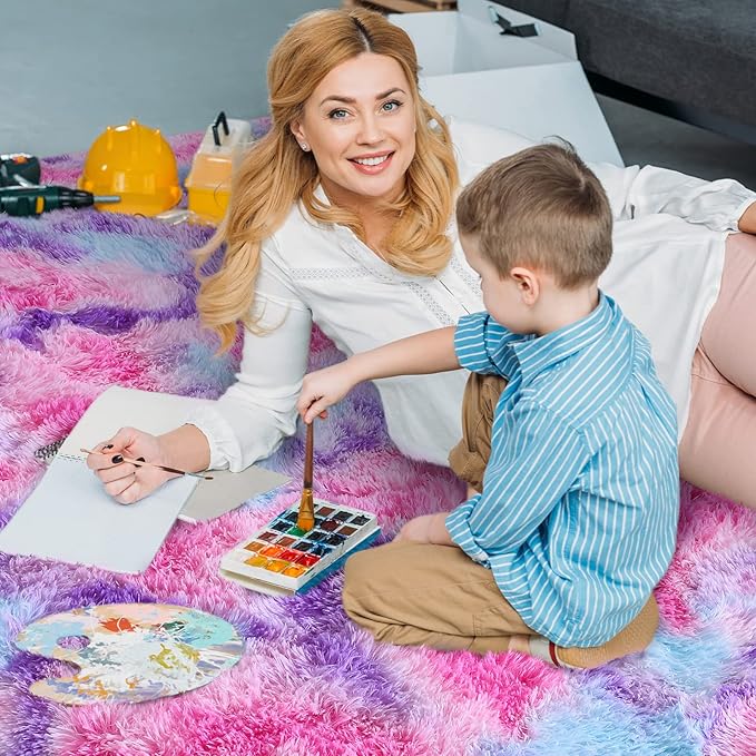 AROGAN Soft Rainbow Area Rugs for Girls Room 2x6 Feet, Fluffy Girls Bedroom Rugs, Princess Rug, Cute Colorful Carpet for Kids Teens Nursery Toddler, Hot Pink