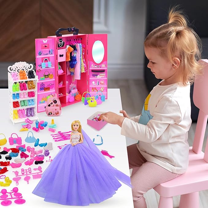 K.T. Fancy 108 Pcs 11.5 Inch Dolls Closet Wardrobe Include Clothes, Dresses, Shoes and Other Stuff for Girl Doll as Xmas Gift Present