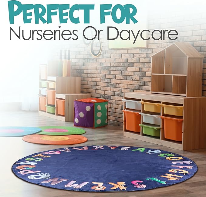 ABC Kids XL 6 ft Alphabet Rug - Nursery & Classroom - Circle Blue