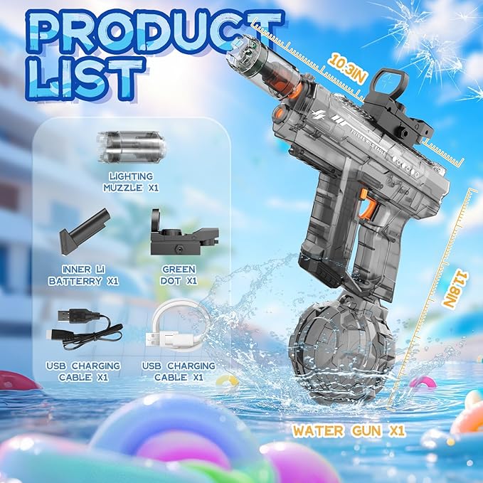 Electric Water Gun for Adults and Kids, Light Up Automatic Squirt Gun Watergun, 800CC Large Capacity, 26-33 FT Long Range, Summer Outdoor Beach Pool Party Toy Gift
