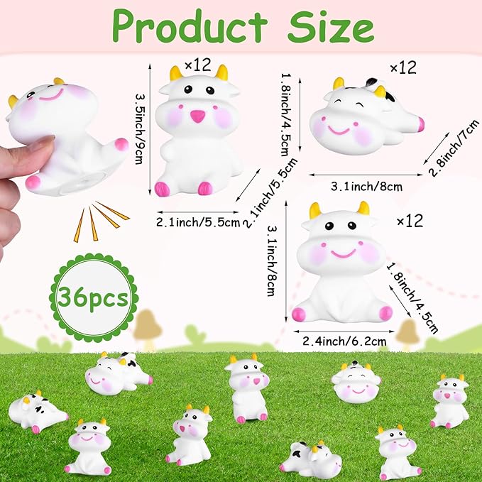 36 Pcs 3" Rubber Cow Baby Bath Toy Mini Rubber Cows Bulk Squeak Floating Fun Water Squirting Bathtime Play Farm Animal Bath Toys Figures Decor Swimming Bathtub Toy for Kids Baby Shower Pool