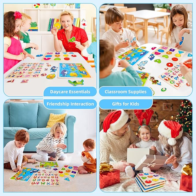 Wooden Peg Puzzles for Toddlers 2 3 4 Year Old, 4 Pack Montessori Toys Preschool Learning Puzzles for Toddlers 1-3 with Animals, Shapes, Alphabet, Wooden Toddler Toys Gifts for Kids Boys Girls