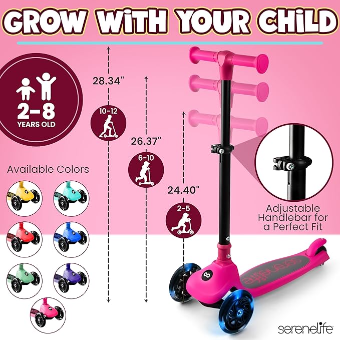 SereneLife 3 Wheel Foldable Kids Scooter - Foldable Seat, LED Wheel Lights, Adjustable Handlebar, Rear Foot Brake, Lean-to-Steer, Anti-Slip Deck, Ideal for Toddlers Kids 3+, up to 110Lbs