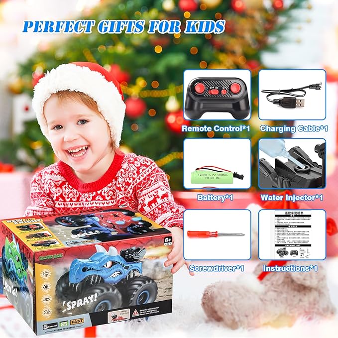 Remote Control Monster Truck, 2.4GHz RC Cars with Light, Sound & Spray, Monster Trucks for Boys Girls, All Terrain Dinosaur Toys with 4 Batteries, Festive Birthday Gifts