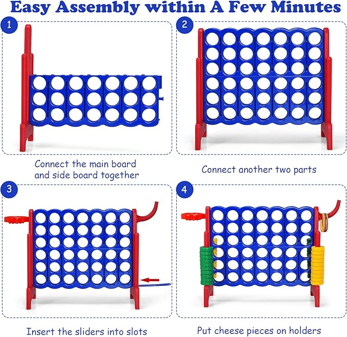 Costzon Giant 4-in-A-Row, Jumbo 4-to-Score Giant Game w/Basketball Hoop, Ring Toss, Quick-Release Slider, 42 Jumbo Rings, Indoor Outdoor Family Connect Game for Kids & Adults, Backyard Games, Red