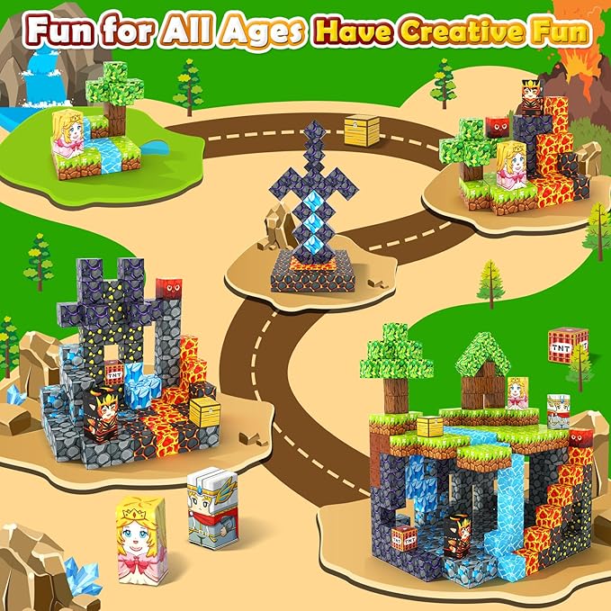 Magnetic Blocks - Build Mine Magnet World Lava Valley Set, 1" Magnetic Cube Building Toys for Kids Ages 3+, Montessori Sensory Toys for Toddlers, Creative Game Themed Toy Gifts for Boys & Girls