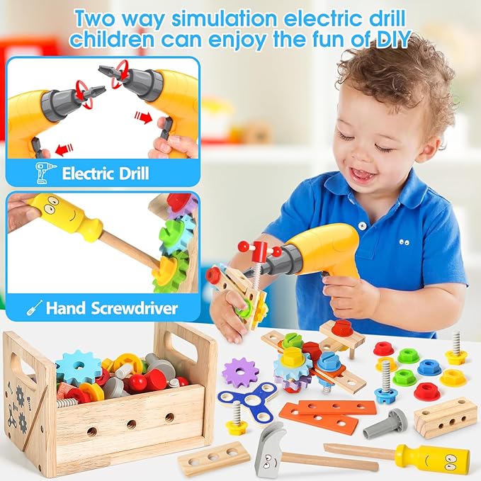 Kids Tool Set Toy with Drill, Wooden Toy for 2 3 4 5 Years Old Boy Girl, 37 Pcs Stem Montessori Toy for Learning Educational Construction Toy, Birthday Gift for Kids