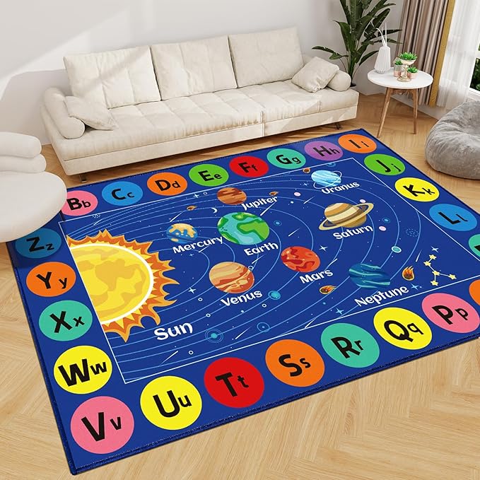 Kids Rug Outer Space Carpet for Playroom, ABC Educational Learning Area Rug, Non-Slip Solar System Road Play Play Rug for Kids Bedrooms, Classroom, Nursery Room Decor (Blue, 78.7X59 INCH)