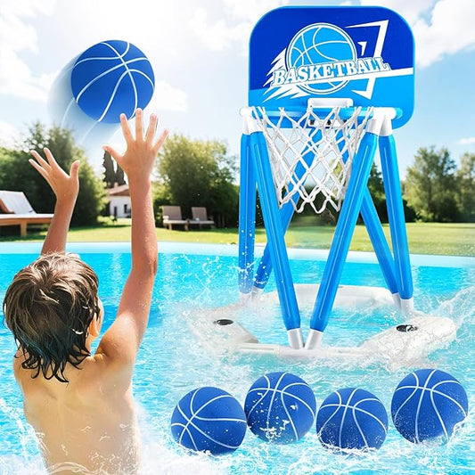 Pool Basketball Hoop, Floating Basketball Hoop Toy for Pool Water Game with 4 Basketballs Summer Swimming Pool Games for Kids & Adults Indoor Outdoor Play (Blue)