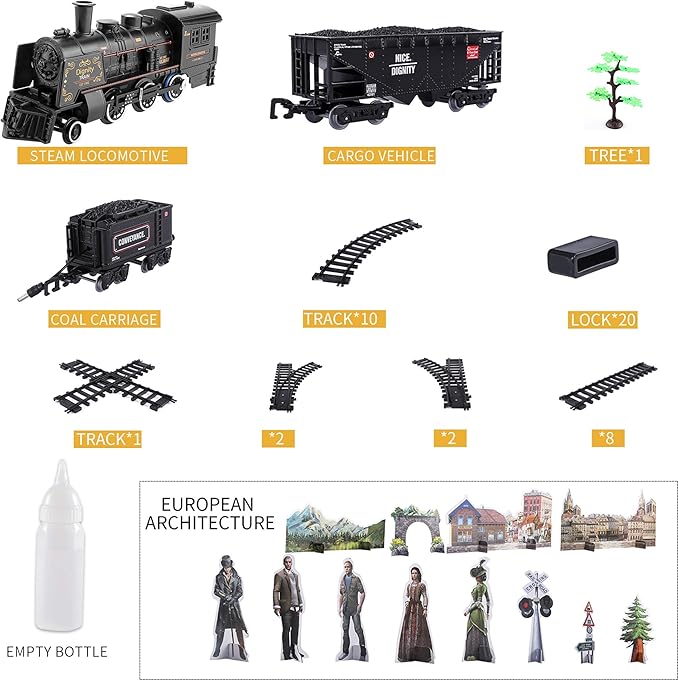 Kids Train Set ,Electric Metal Alloy Train Toy for Boys Girls w/Smokes, Lights & Sound, w/Steam Locomotive Engine, Cargo Cars & Tracks