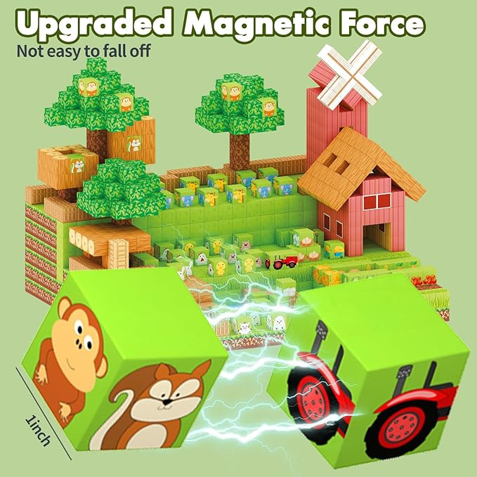 120 PCS Magnetic Building Blocks for Kids, Farm Animal Toys for Boys and Girls Ages 3-5 6-8 8-12. STEM Learning, Montessori, Fidget, Sensory Cubes. Magnet Tiles Block Gifts for Toddler and 3+ Year Old
