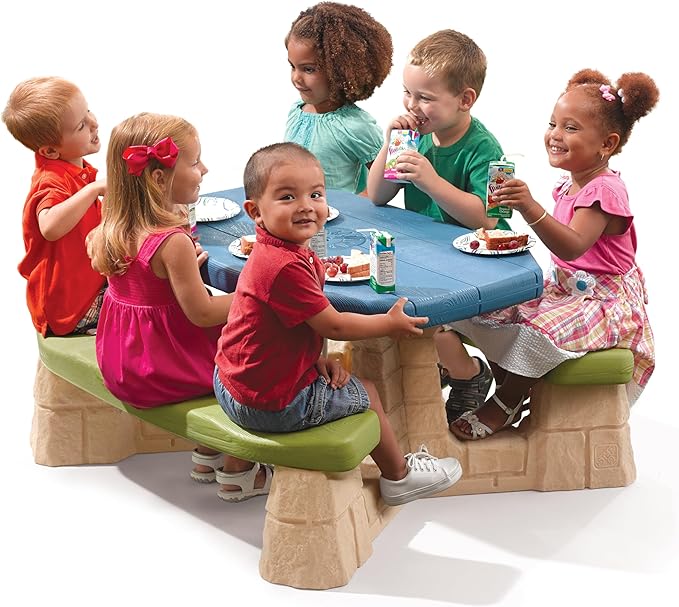 Step2 Naturally Playful Kids Picnic Table with Removable Umbrella, Indoor/Outdoor Toys, Fits 6 Children, Made of Durable Plastic, For Toddlers 3+ Years Old, Blue & Green