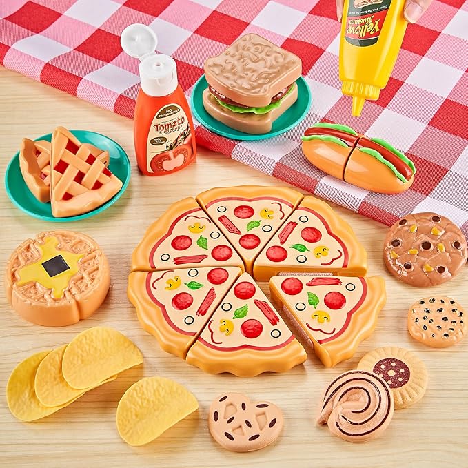 85Pc Pretend Play Food Sets for Kids Kitchen, Cutting toy food with 2 Baskets, Play Kitchen Accessories for Toddlers, Fake Food with Pizza Veggies Fruits, Kids Kitchen Toys, Boys Girls Gift.