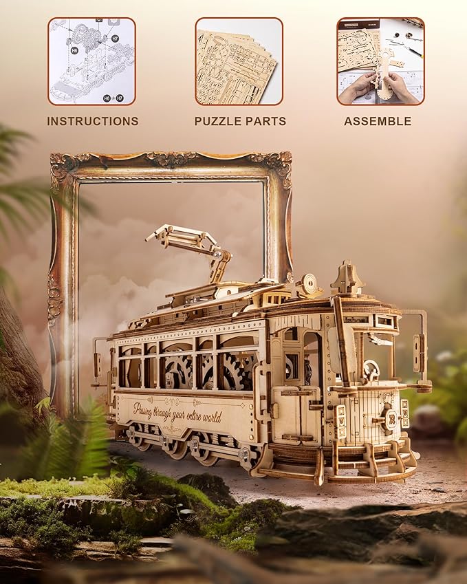ROKR 3D Wooden Puzzles Model Car Kits for Adults to Build - Wooden Toy Tram Train Set with Railway - Wood 3D Puzzles for Adults - Gift Idea for Christmas Father's Day Birthday