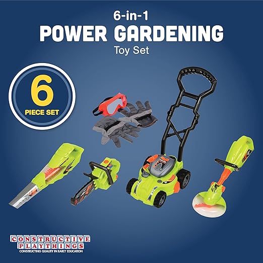 CP Toys 6-Piece Power Gardening Toy Set for Kids Ages 3+, Child Size Indoor/Outdoor Play Kids Tool Set with Leaf Blower, Chainsaw, Lawn Mower, and More, Green
