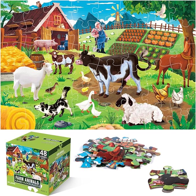 Jumbo Floor Puzzle for Kids,Farm Animals Jigsaw Large Puzzles,48 Piece Barn Puzzle for Toddler Ages 3-5,Children Learning Preschool Educational Toys,Birthday Gift for 4-8 Years Old Boy and Girl