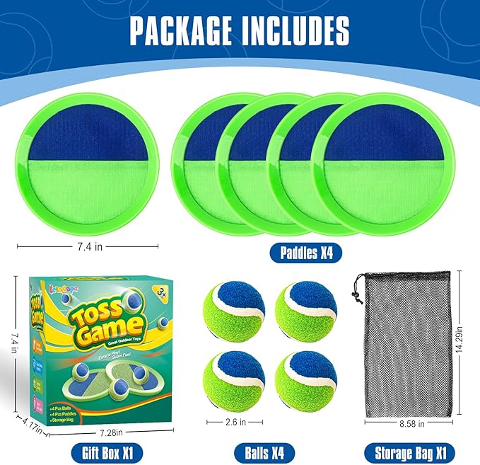 Toss and Catch Ball Set, Pool Beach Outdoor Toys Games for Kids Ages 4-8-12, 4 Paddles 4 Balls and Storage Bag, Summer Yard Outdoor Game for Adult Family, Birthday Easter Gift for Kids