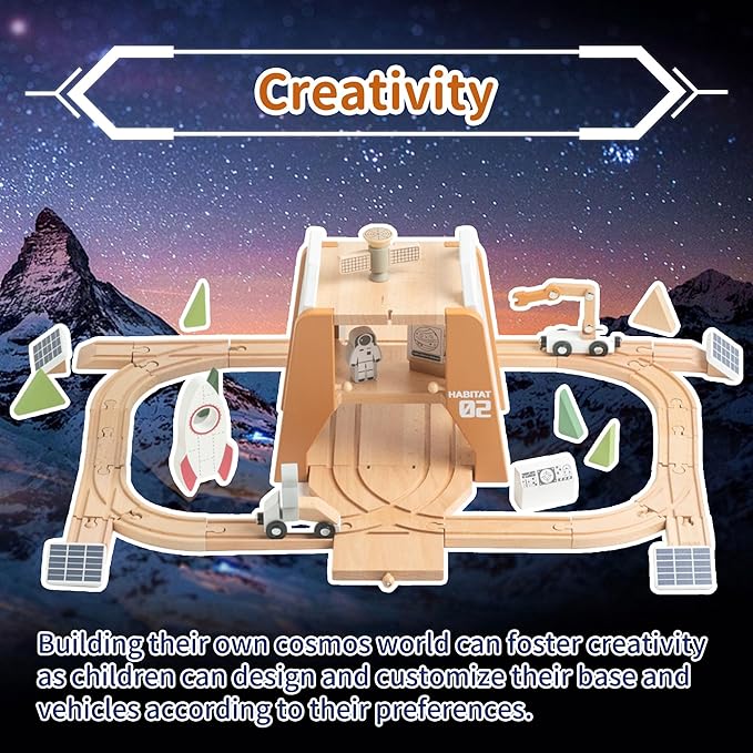 Wooden Space Train Set, Mars Station Wood Train Track Set 39pcs, Train Toy with Astronaut and Rocket for Kids 36m+