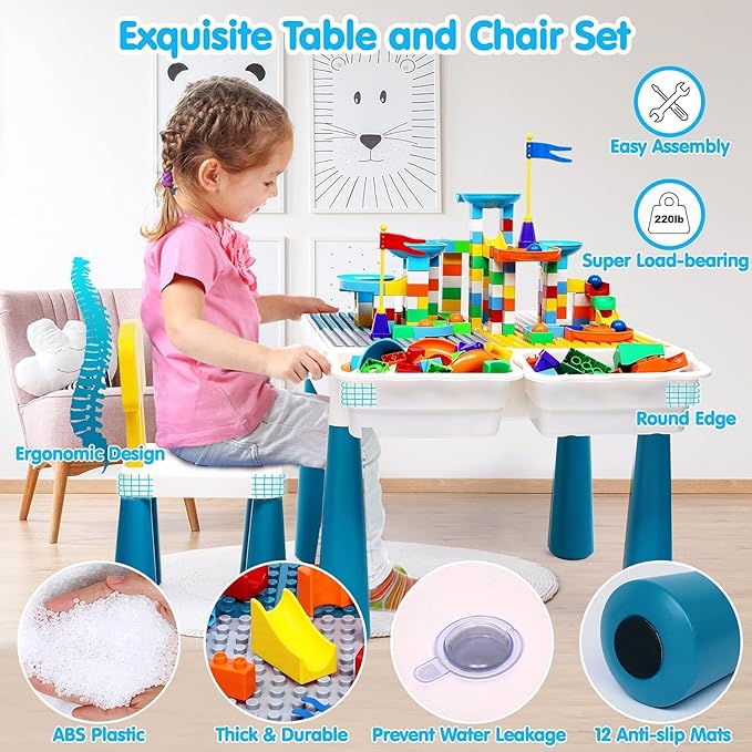 Kids Activity Table Toddlers Kids Table and Chair Set with 152Pcs Large Marble Run Building Blocks All in One Kids Play Water Tables Sand Tables, STEM Toys for Boys Girls 3 4 5 6 Year Old