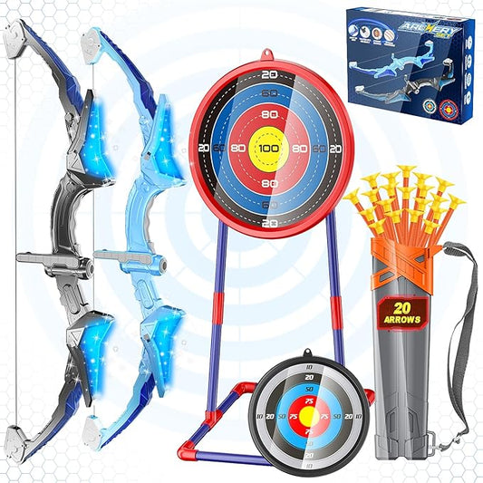 2 Pack Kids Bow and Arrow, 20 Suction Cup Arrows, 2 Archery Targets&Quiver, Light-up Set for 4 5 6 7 8 9 10 11 12 Year Old, Indoor Outdoor Toys for Ages 5-7 8-13 Boys Girls(Black & Blue)