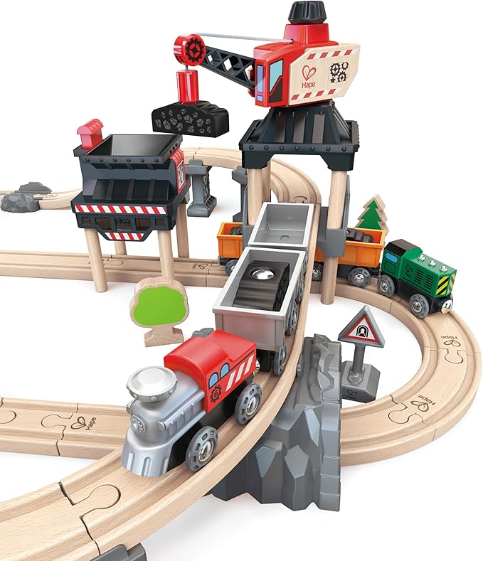 Hape Crane and Cargo Train Set | Wooden Railway Toy Set with Magnetic Crane, Button Operated Loader and Adjustable Rail Signal