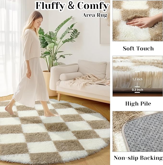 KICMOR Round Rugs 5ft for Bedroom Living Room, Fluffy Soft Circle Area Rug Fuzzy Shag Shaggy Carpet, Beige and Cream White Checkered Circular Rug for Kids Girls Boys Nursery Home Decor Aesthetic